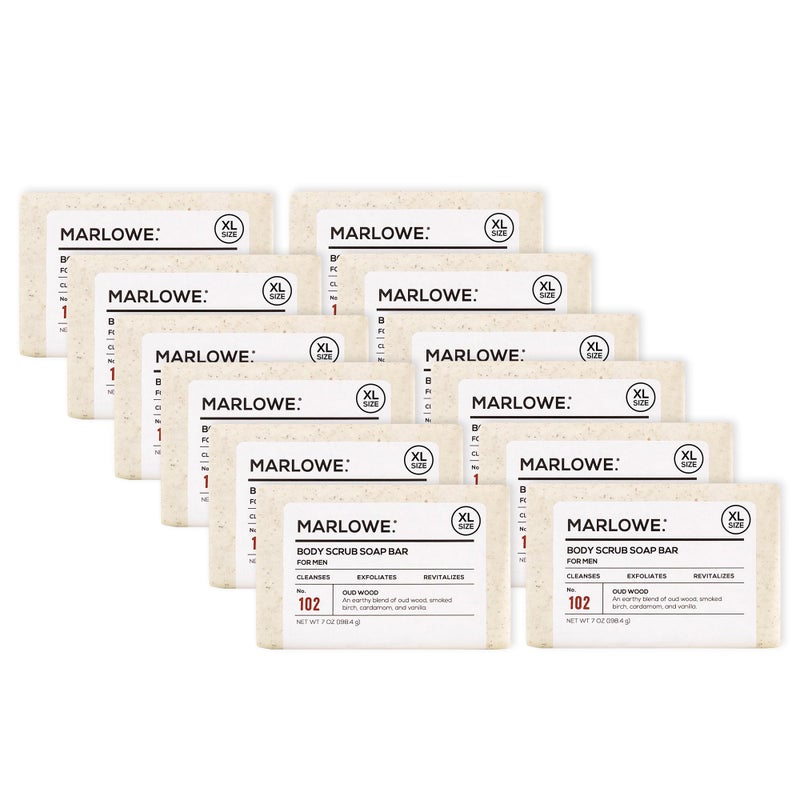 MARLOWE No 102 Body Scrub Soap 7 oz 12 Bars Oud Wood Exfoliating Soap Bar with Shea Butter Olive Oil  Green Tea Extracts Cleanses Smooths  Revitalizes Skin Earthy  Smoky Scent